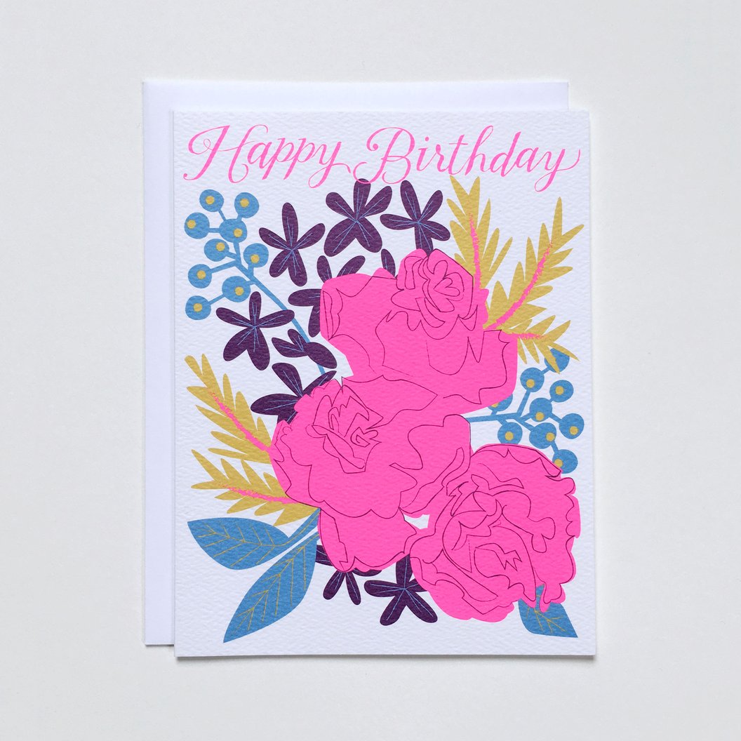 "Neon Pink Rose Bouquet" Birthday Card
