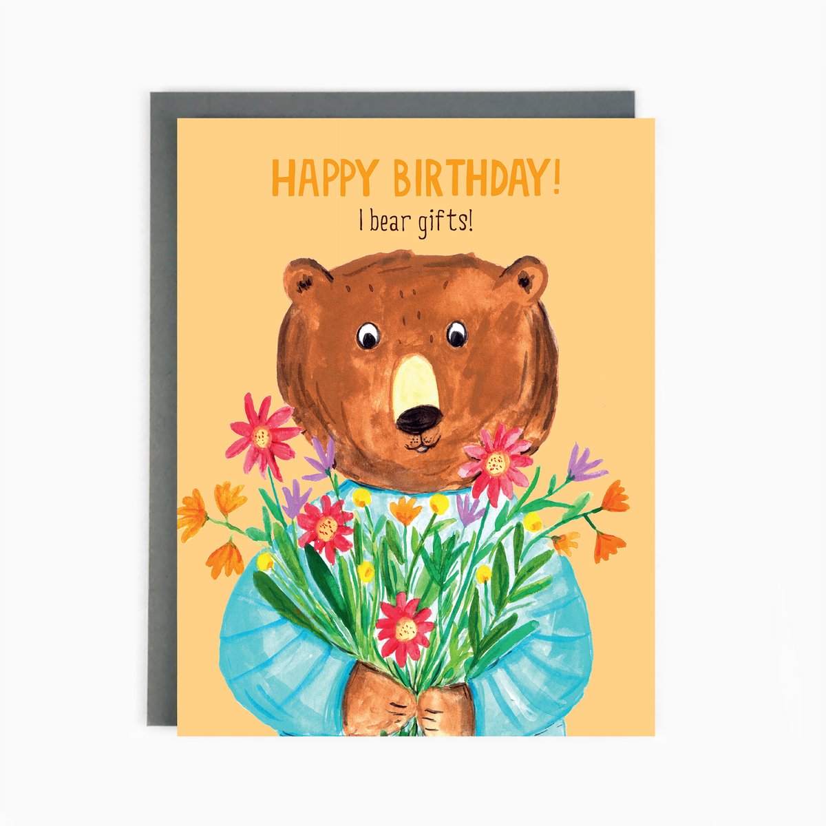 Birthday Bear with Flowers Note Card
