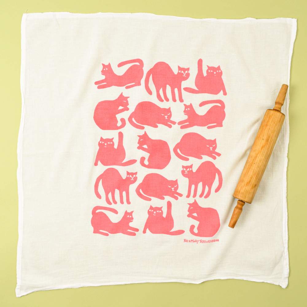 "Yoga Cats" (Pink) Flour Sack Dish Towel