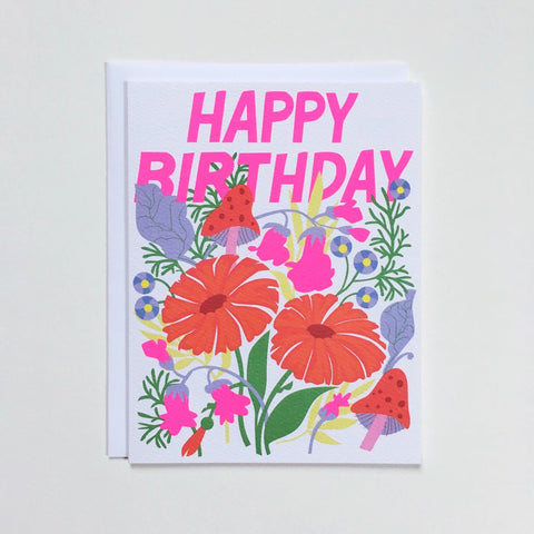 Mushrooms & Flowers Happy Birthday Card